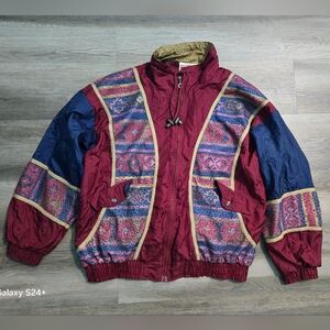 Vtg 90s Athletic Works Windbreaker L Aztec Geometric Colorblock Maroon Navy